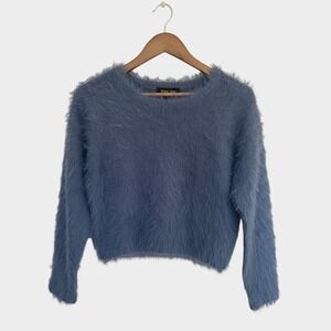 Truth by Republic Womens Fuzzy Eyelash Knit Sweater Dusty Blue Crewneck XS